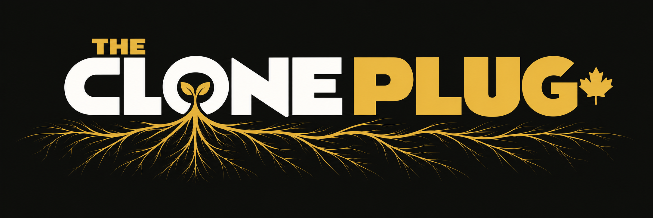 The Clone Plug — geometric wordmark with a rooted O and gold maple leaf